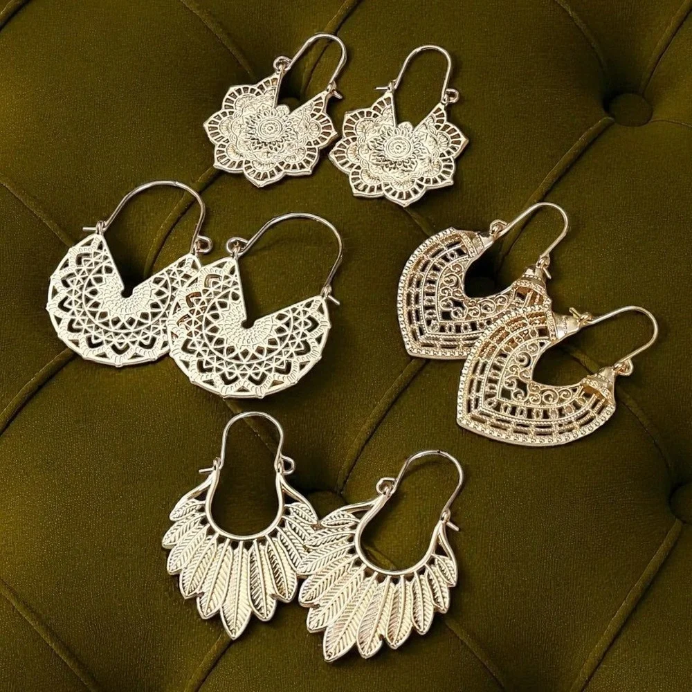 4 Pcs New Gold Native Boho Aztec Patina Earrings Hoop Tribal Ornate Rustic